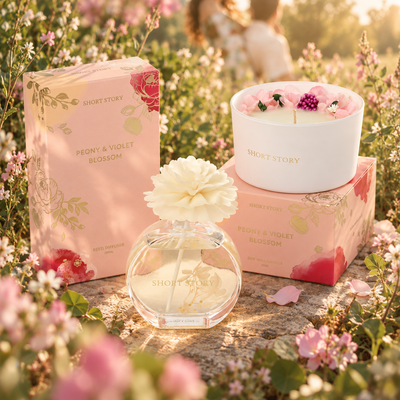 Pink floral candle and round flower diffuser with pink Peony & Violet Blossom boxes in a sunlit garden setting.
