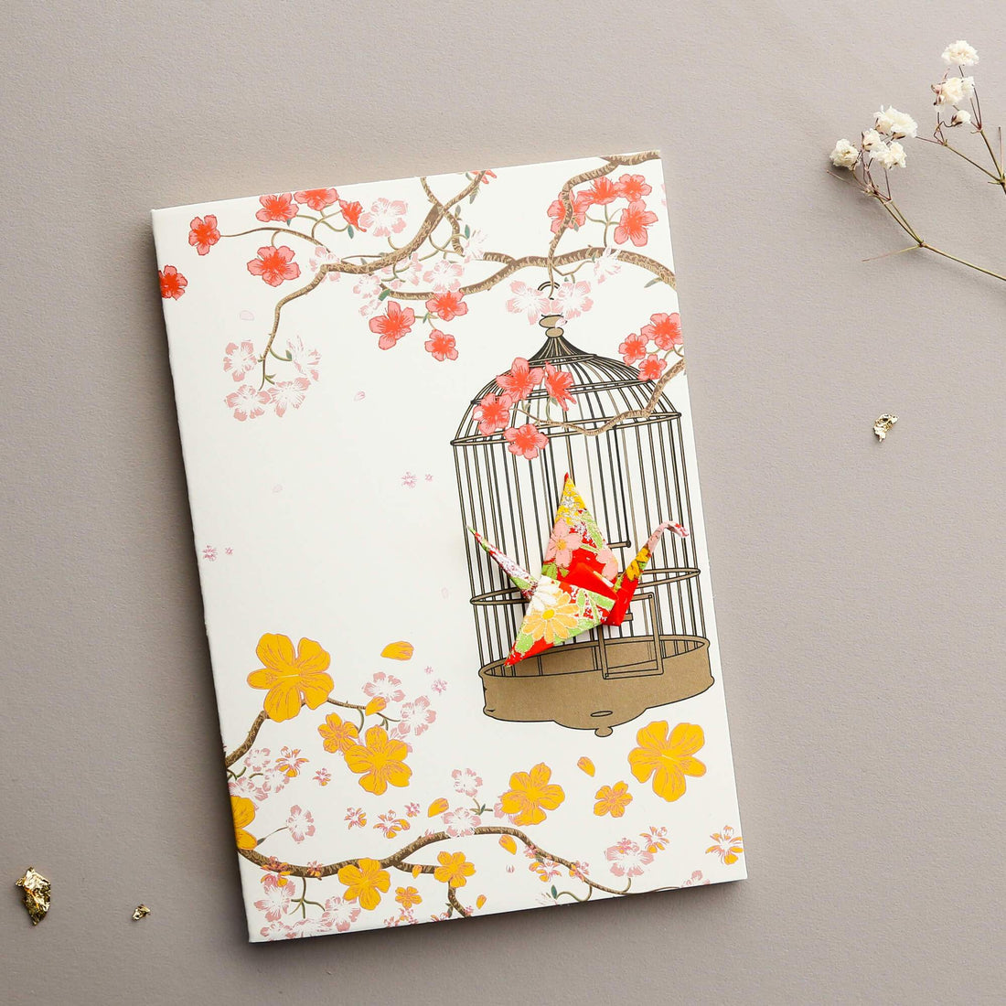 Card Crane in Cage Flowers Red
