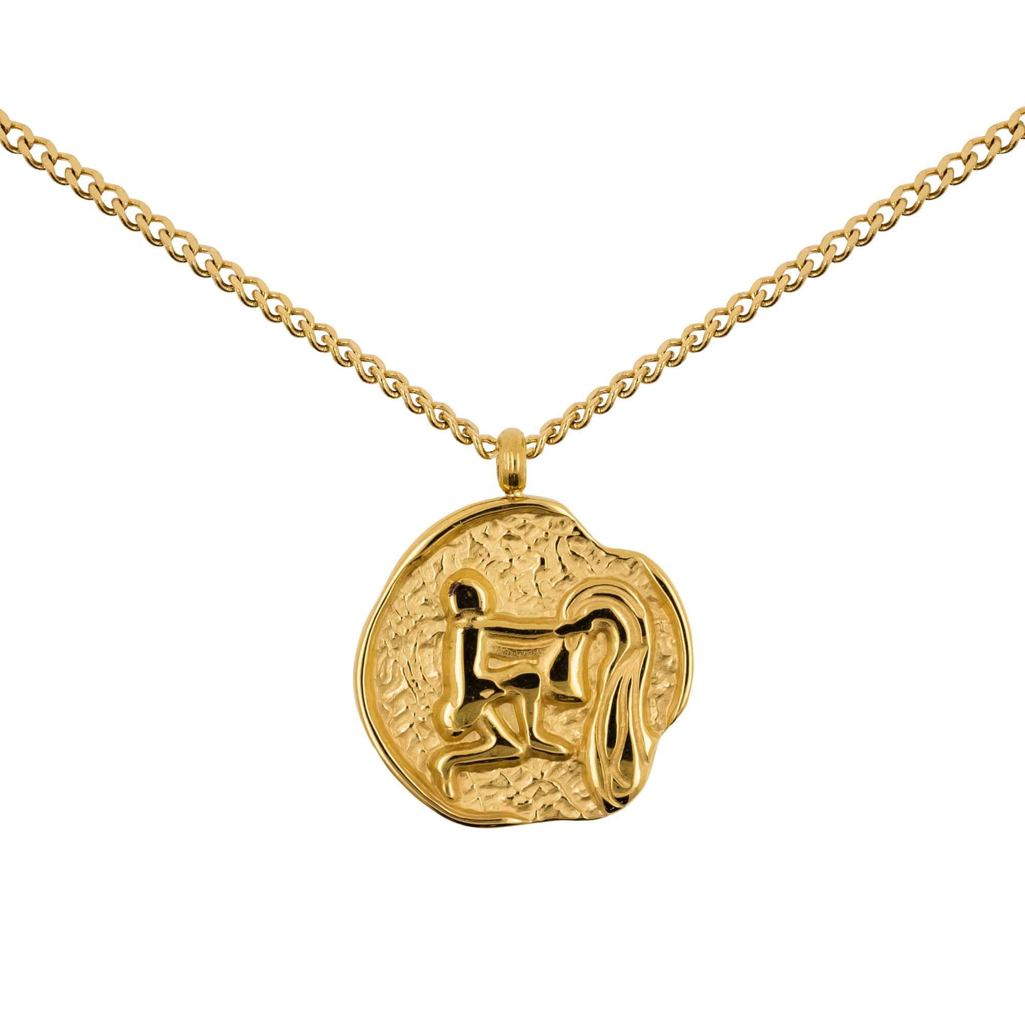 Polished Gold Oval Aquarius Zodiac Sign Pendant