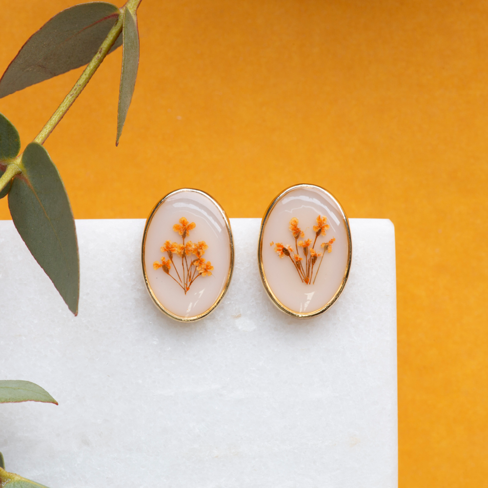 Big Oval Flower Orange Cream Earrings **